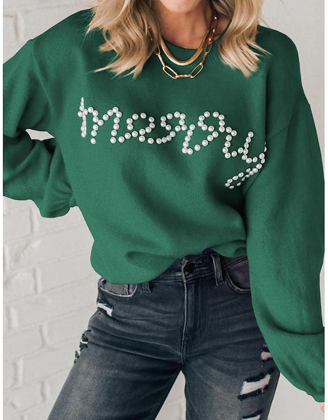 Blackish Green Pearl Beaded Merry Casual Sweater