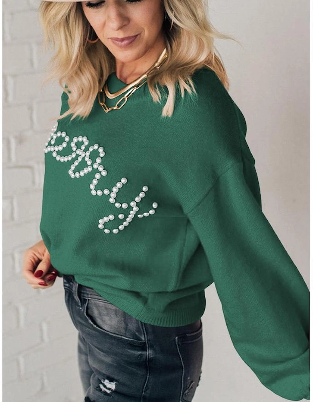 Blackish Green Pearl Beaded Merry Casual Sweater