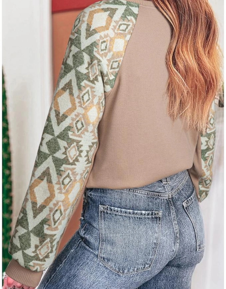 Smoke Gray Waffle Aztec Patchwork Raglan Sleeve Knit Top