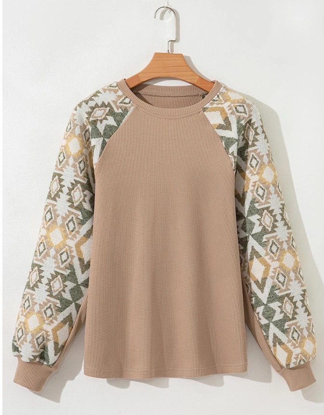 Smoke Gray Waffle Aztec Patchwork Raglan Sleeve Knit Top