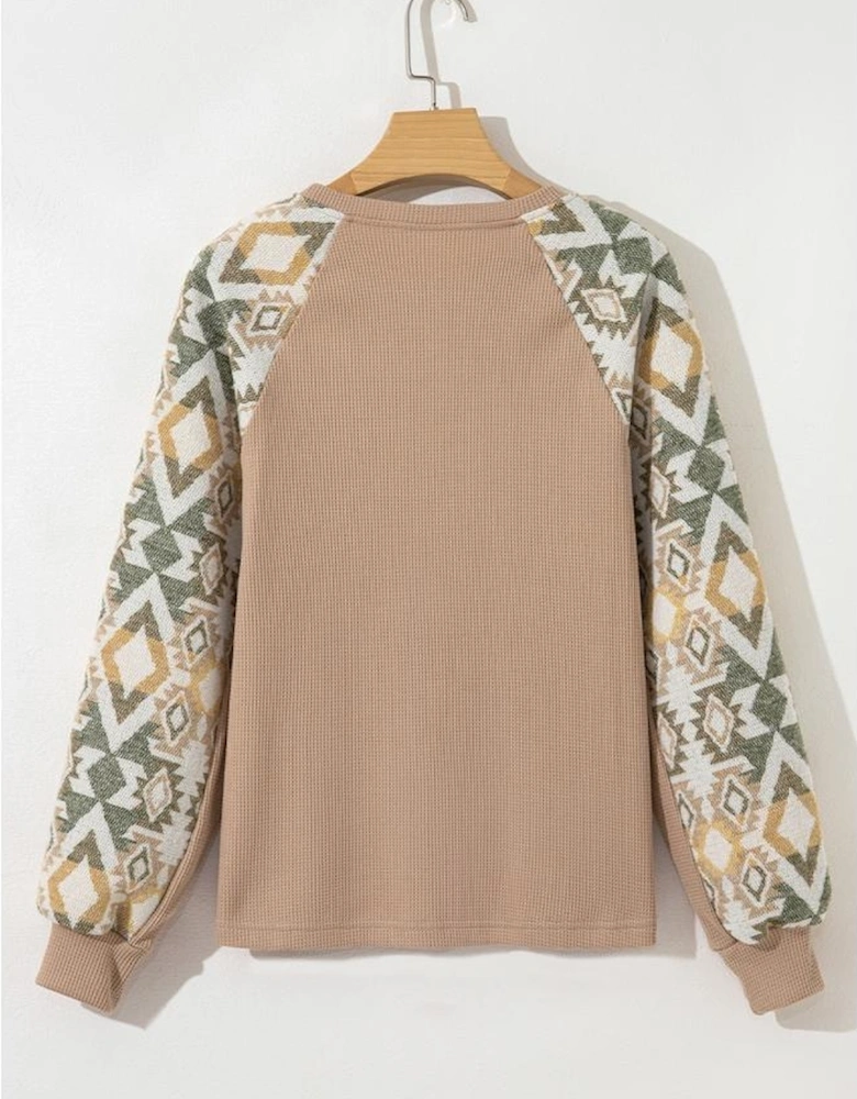 Smoke Gray Waffle Aztec Patchwork Raglan Sleeve Knit Top