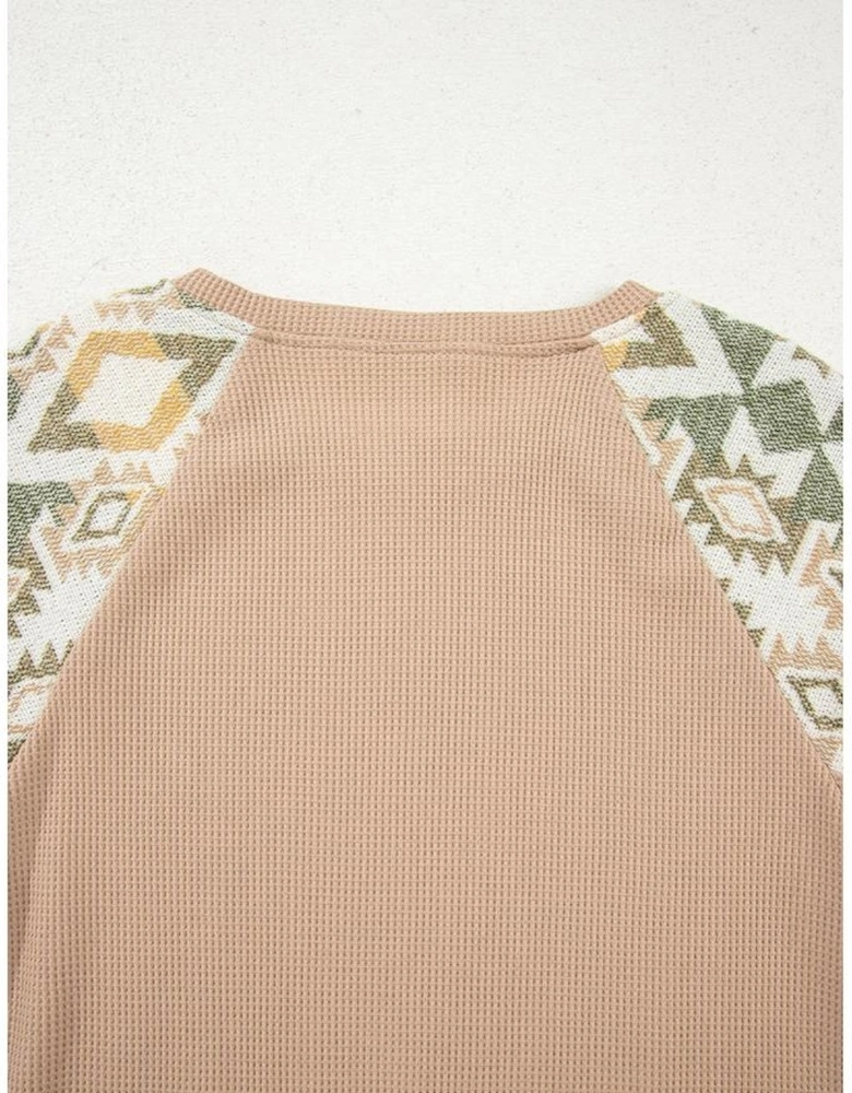 Smoke Gray Waffle Aztec Patchwork Raglan Sleeve Knit Top