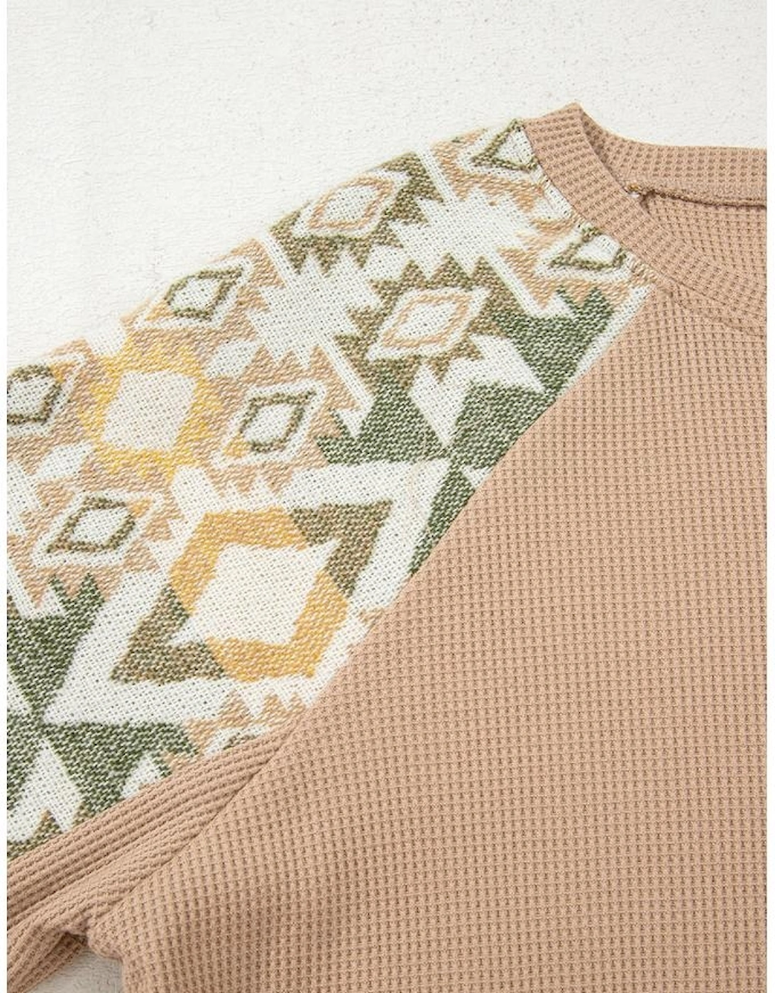 Smoke Gray Waffle Aztec Patchwork Raglan Sleeve Knit Top