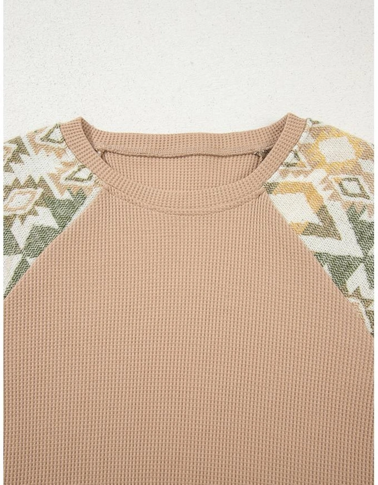 Smoke Gray Waffle Aztec Patchwork Raglan Sleeve Knit Top