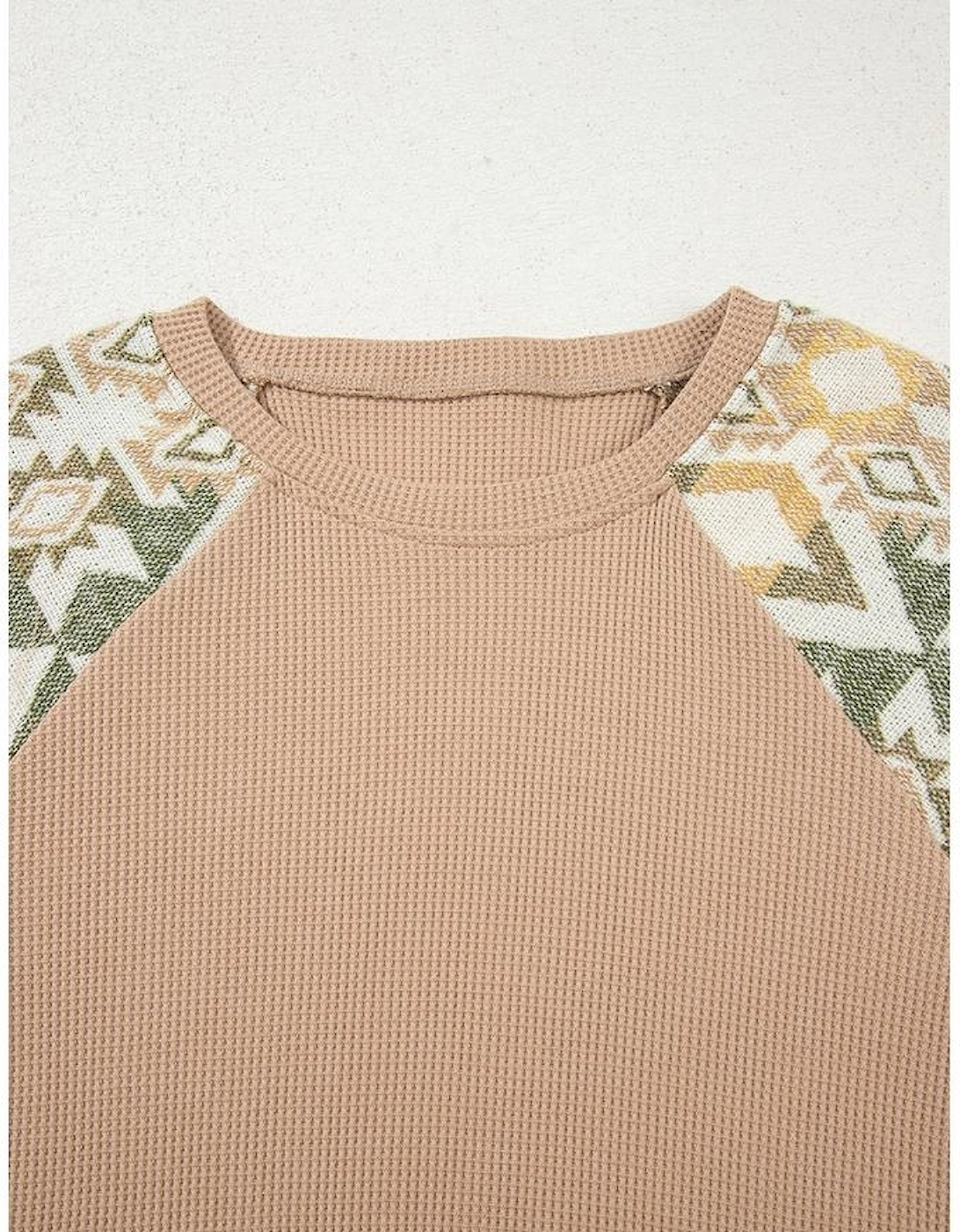 Smoke Gray Waffle Aztec Patchwork Raglan Sleeve Knit Top