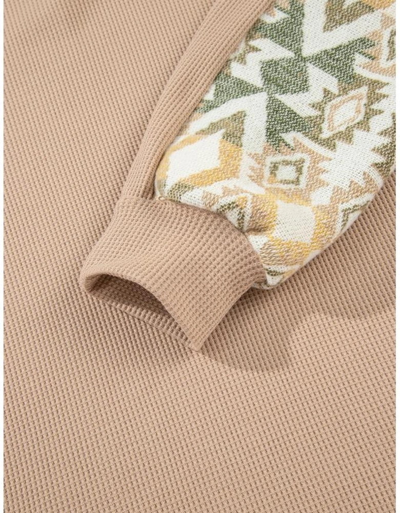 Smoke Gray Waffle Aztec Patchwork Raglan Sleeve Knit Top