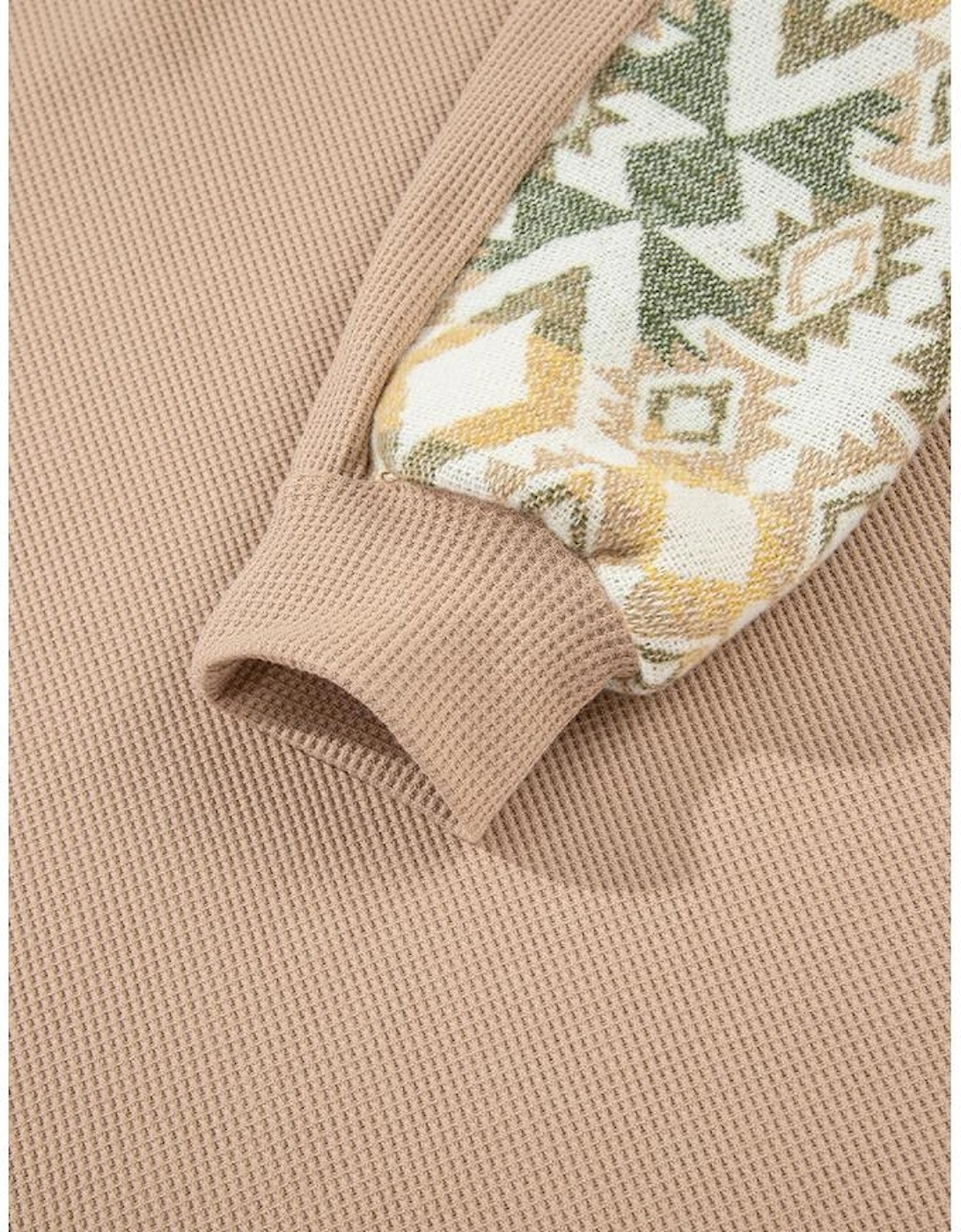 Smoke Gray Waffle Aztec Patchwork Raglan Sleeve Knit Top