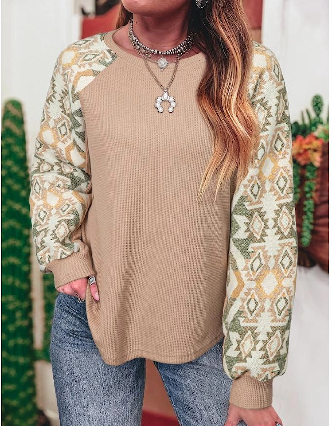 Smoke Gray Waffle Aztec Patchwork Raglan Sleeve Knit Top