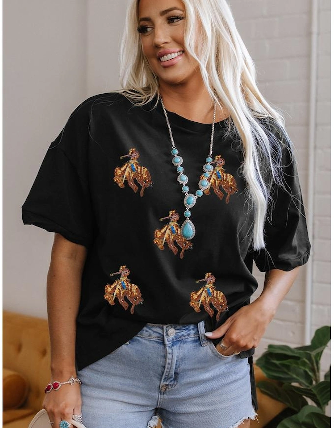 Black Western Horse Patched Crew Neck Graphic T Shirt, 8 of 7