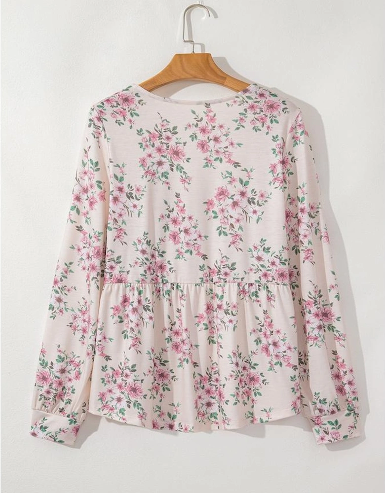Pink Floral Print Pleated U Neck Loose Fit Blouse