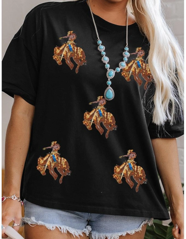 Black Western Horse Patched Crew Neck Graphic T Shirt
