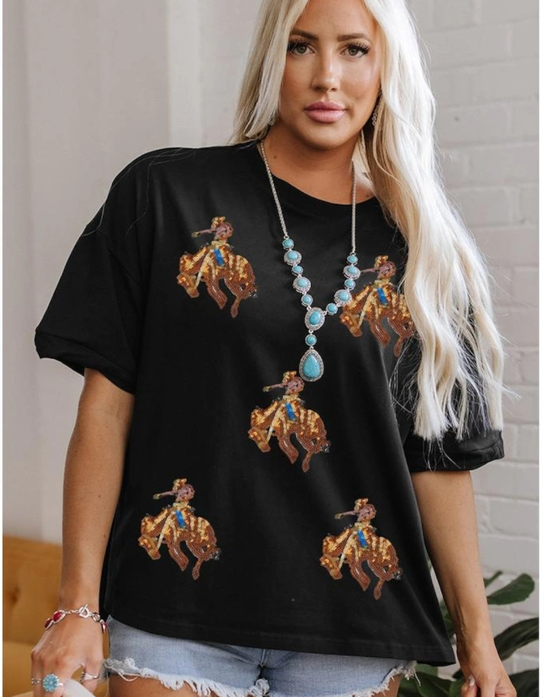 Black Western Horse Patched Crew Neck Graphic T Shirt