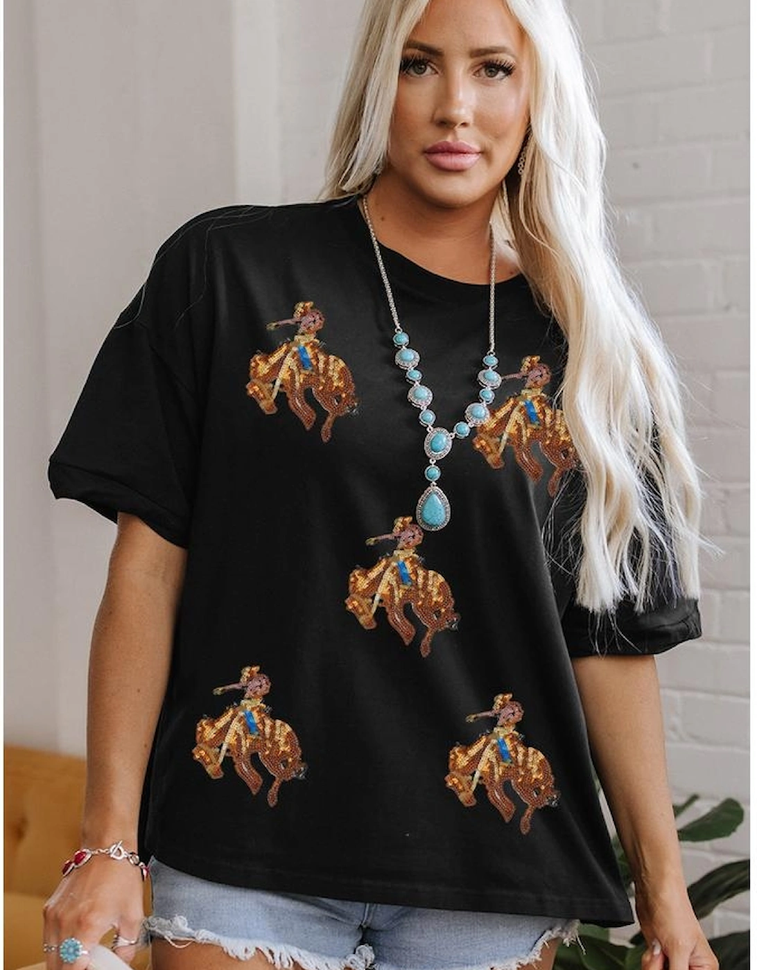 Black Western Horse Patched Crew Neck Graphic T Shirt