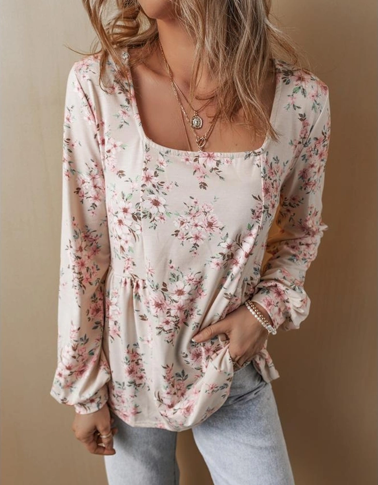 Pink Floral Print Pleated U Neck Loose Fit Blouse