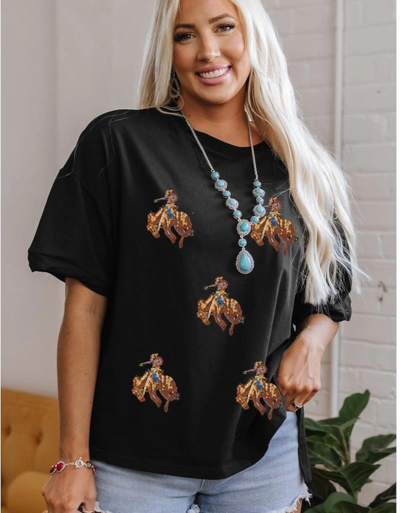 Black Western Horse Patched Crew Neck Graphic T Shirt