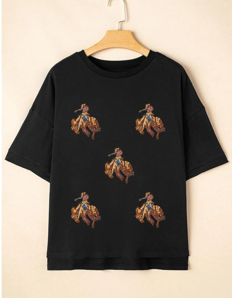 Black Western Horse Patched Crew Neck Graphic T Shirt