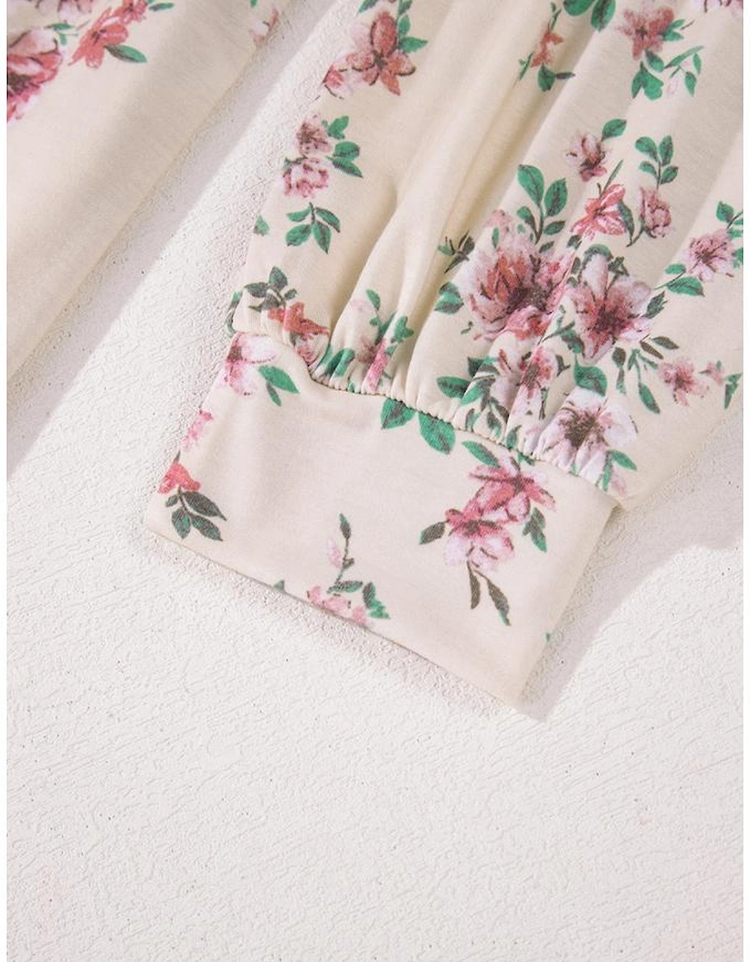 Pink Floral Print Pleated U Neck Loose Fit Blouse