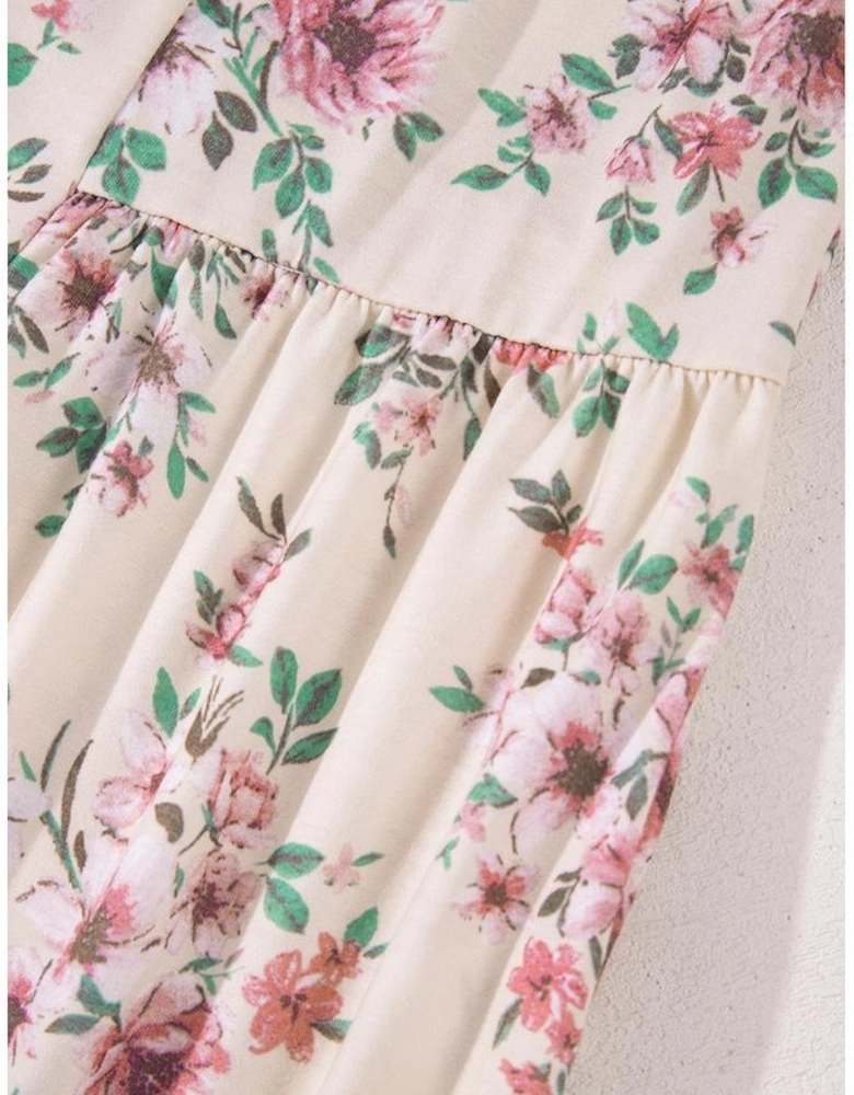 Pink Floral Print Pleated U Neck Loose Fit Blouse