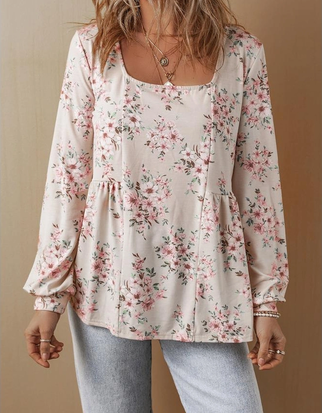Pink Floral Print Pleated U Neck Loose Fit Blouse