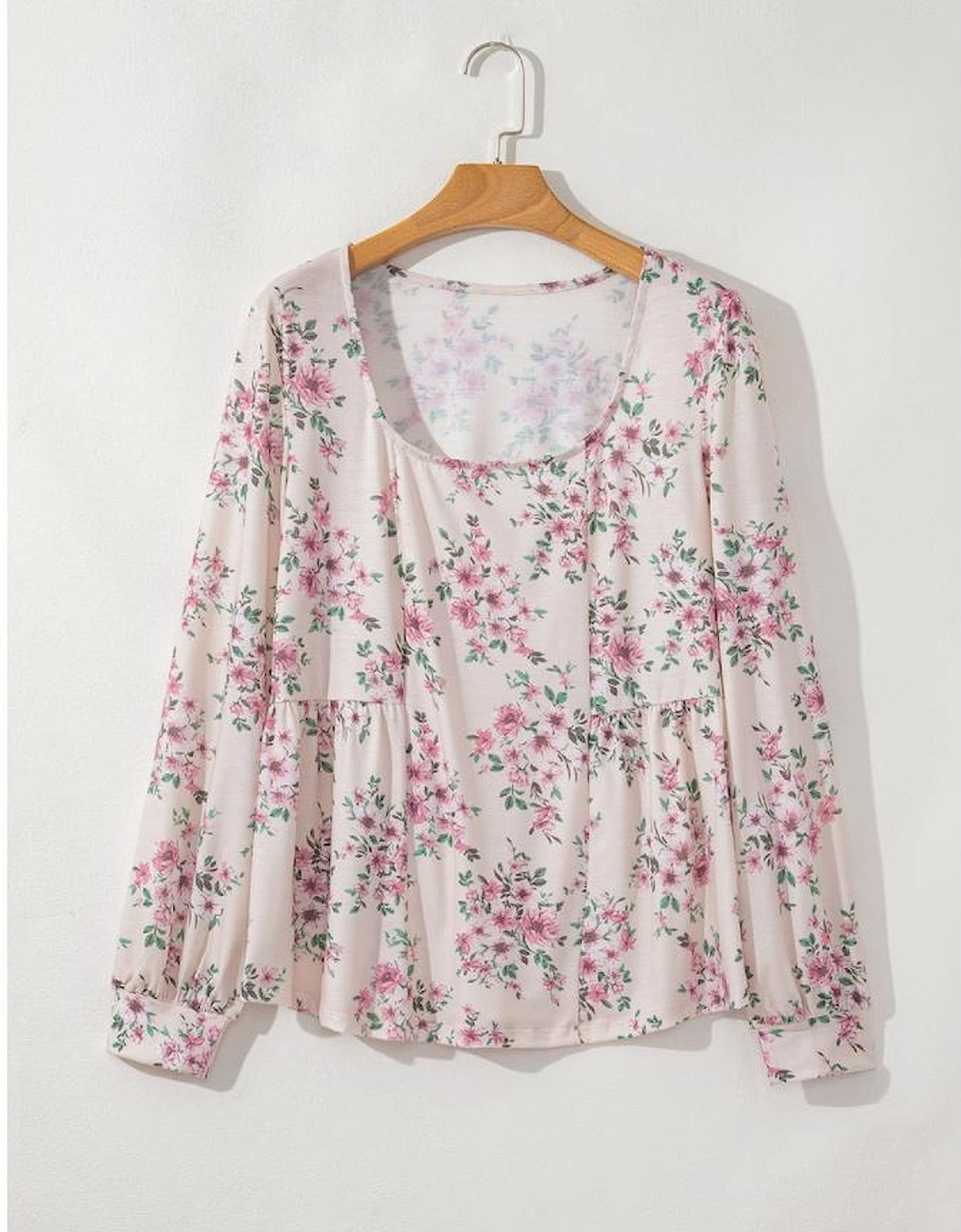 Pink Floral Print Pleated U Neck Loose Fit Blouse