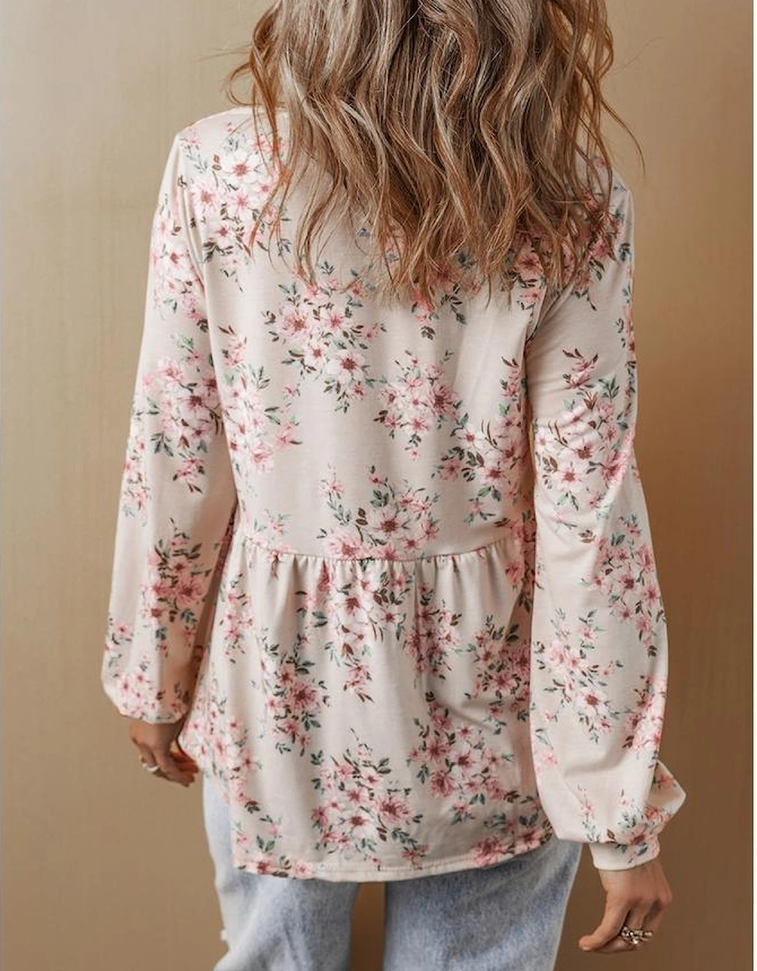 Pink Floral Print Pleated U Neck Loose Fit Blouse