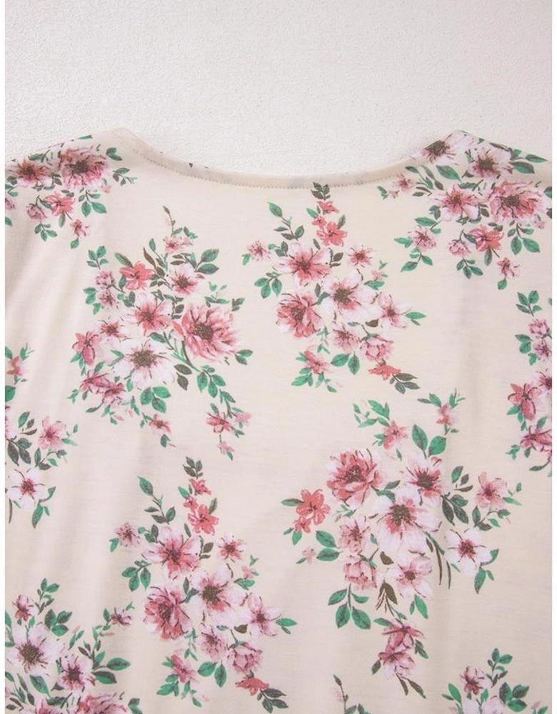 Pink Floral Print Pleated U Neck Loose Fit Blouse