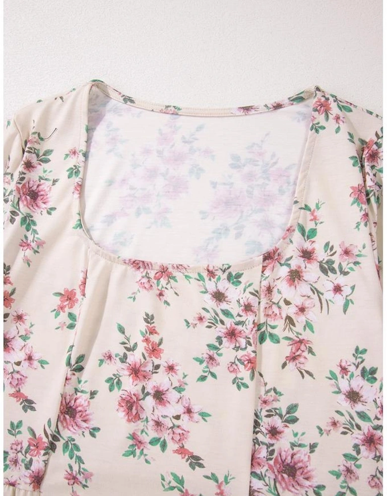 Pink Floral Print Pleated U Neck Loose Fit Blouse