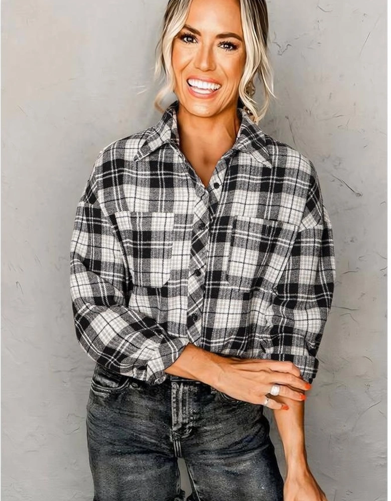Black Plaid Print Chest Pockets Buttoned Shirt