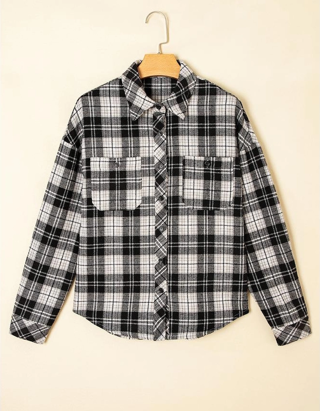 Black Plaid Print Chest Pockets Buttoned Shirt