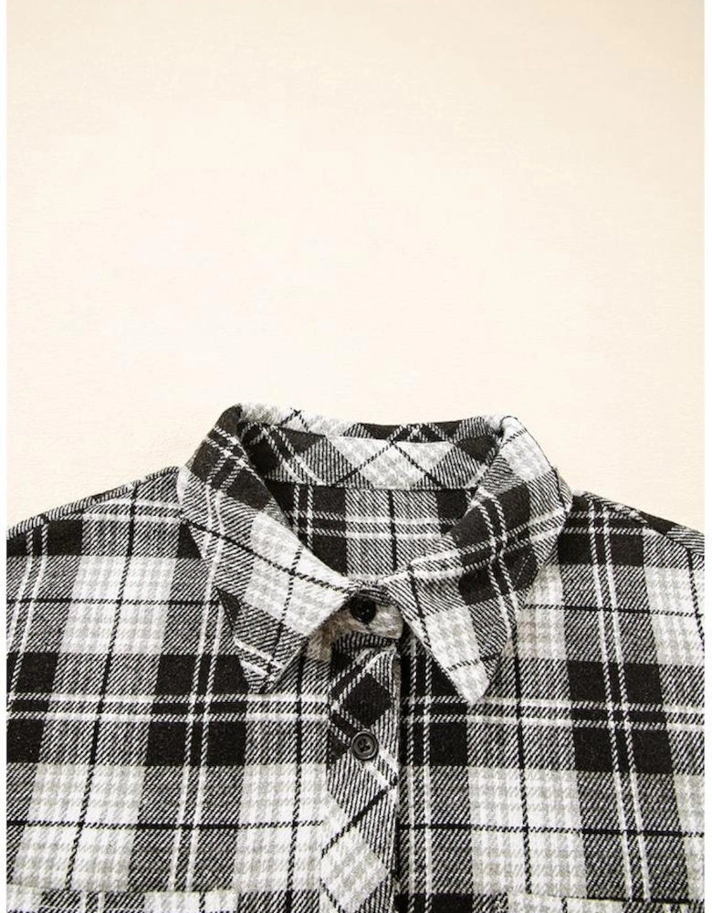 Black Plaid Print Chest Pockets Buttoned Shirt