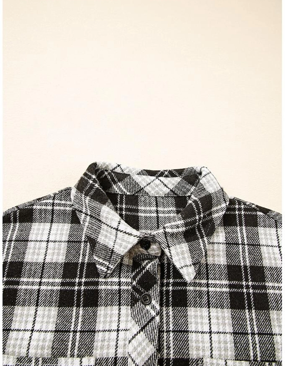 Black Plaid Print Chest Pockets Buttoned Shirt