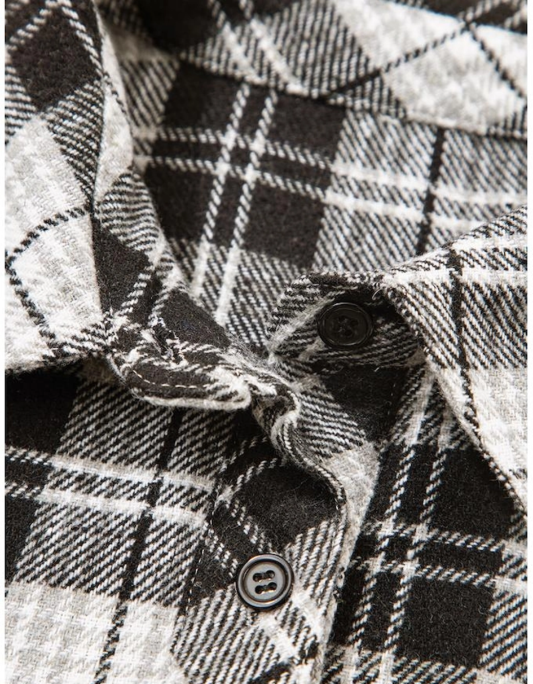 Black Plaid Print Chest Pockets Buttoned Shirt