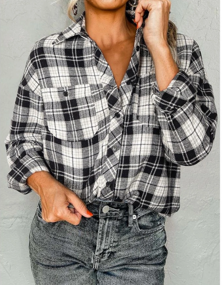 Black Plaid Print Chest Pockets Buttoned Shirt