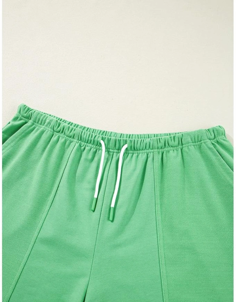 Mint Green Plus Size V Neck Tee Patched Pocket Drawstring Shorts Set