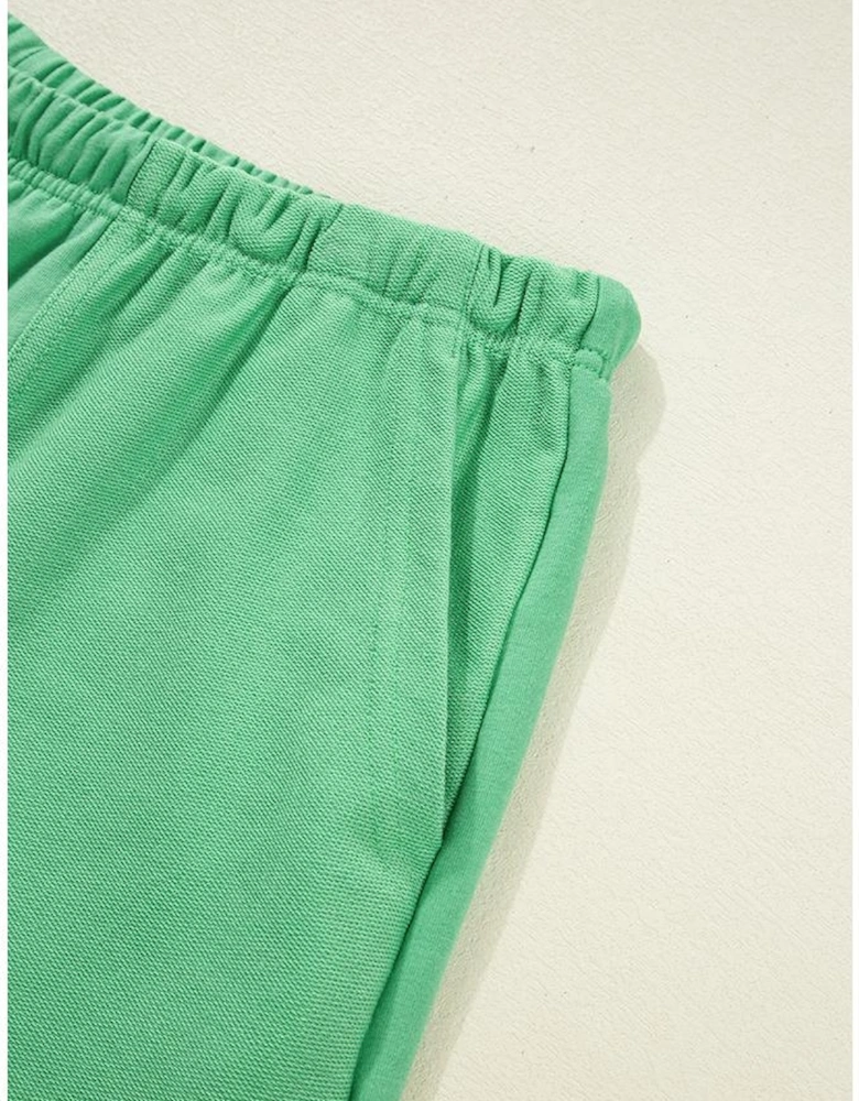 Mint Green Plus Size V Neck Tee Patched Pocket Drawstring Shorts Set