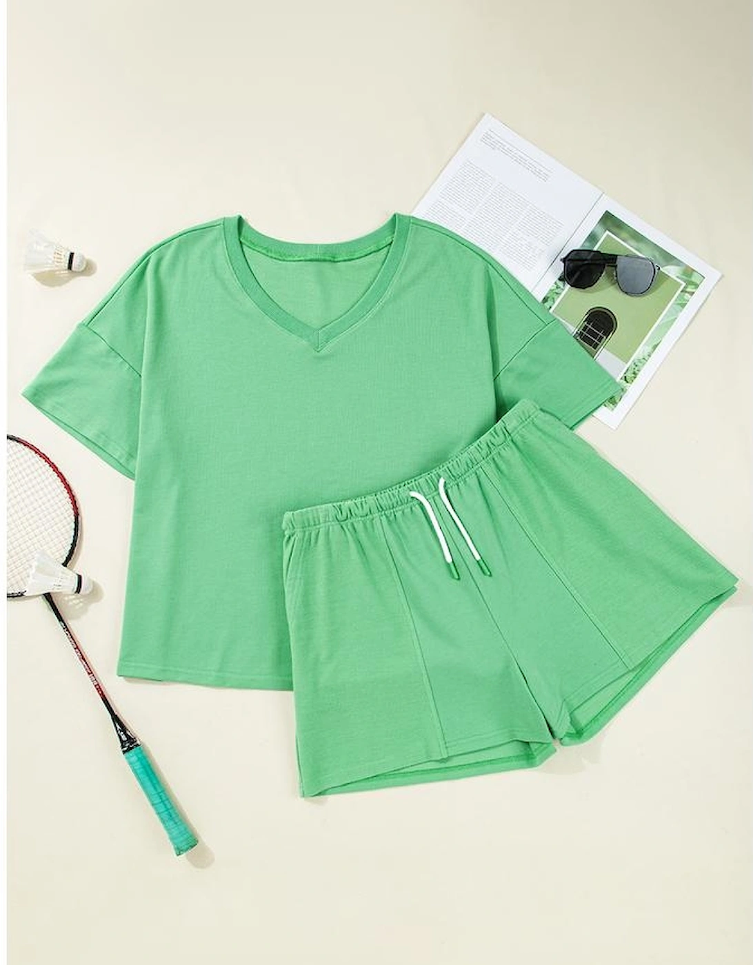 Mint Green Plus Size V Neck Tee Patched Pocket Drawstring Shorts Set