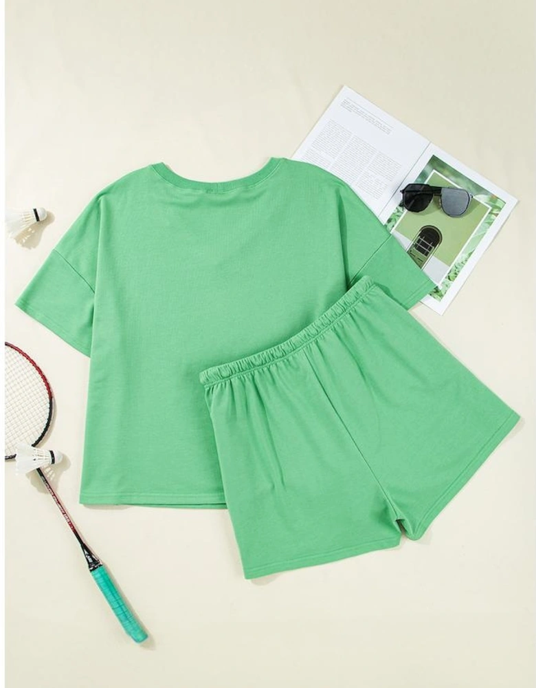 Mint Green Plus Size V Neck Tee Patched Pocket Drawstring Shorts Set