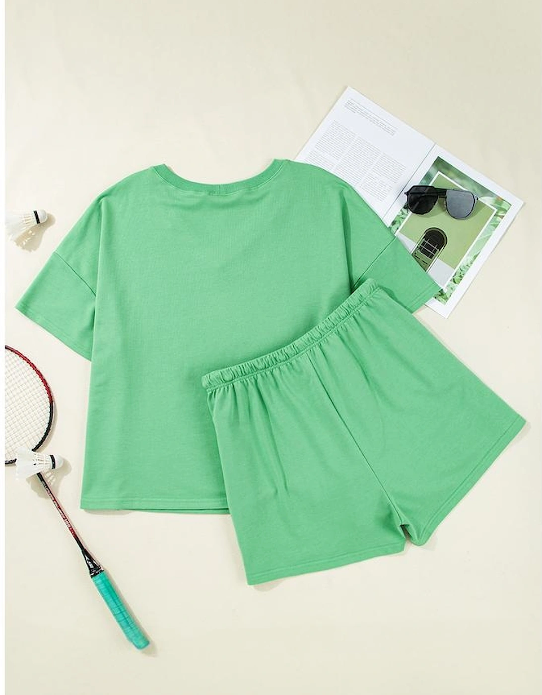 Mint Green Plus Size V Neck Tee Patched Pocket Drawstring Shorts Set