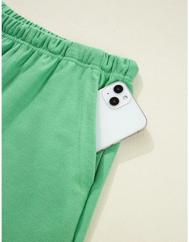 Mint Green Plus Size V Neck Tee Patched Pocket Drawstring Shorts Set