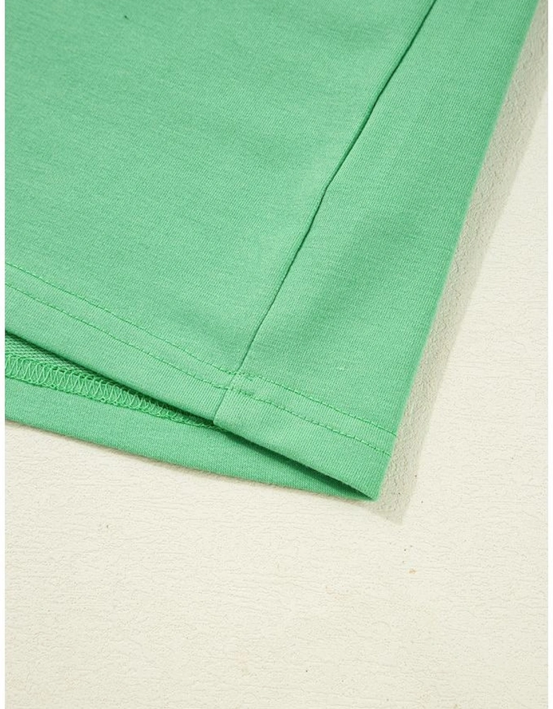 Mint Green Plus Size V Neck Tee Patched Pocket Drawstring Shorts Set