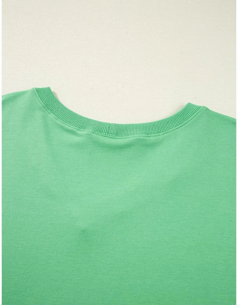 Mint Green Plus Size V Neck Tee Patched Pocket Drawstring Shorts Set