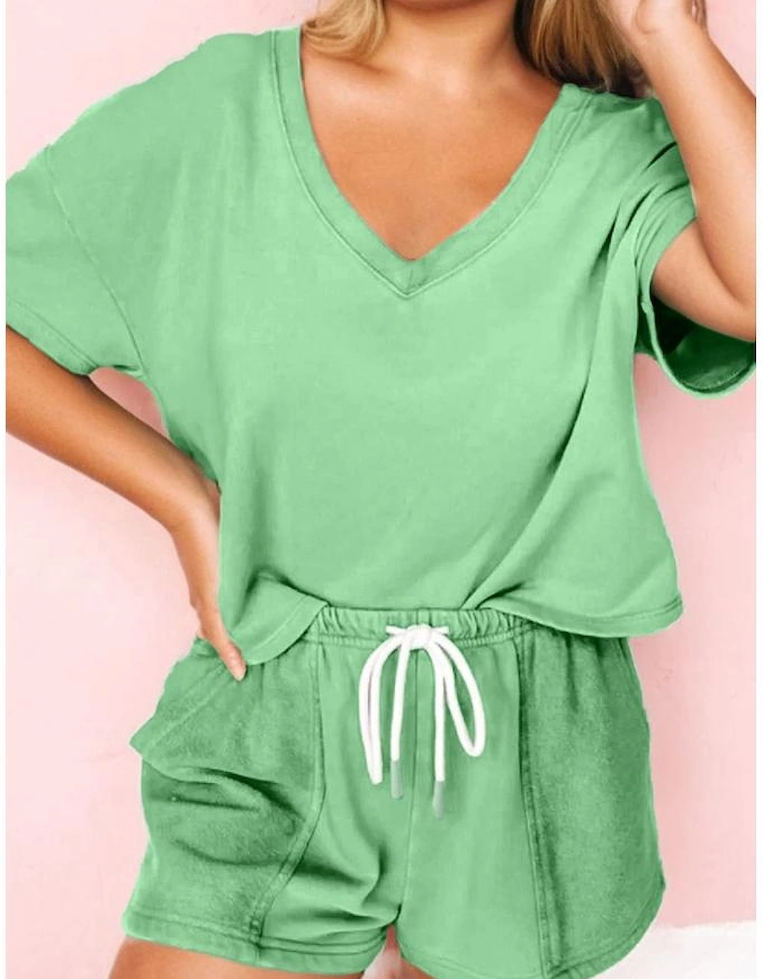Mint Green Plus Size V Neck Tee Patched Pocket Drawstring Shorts Set