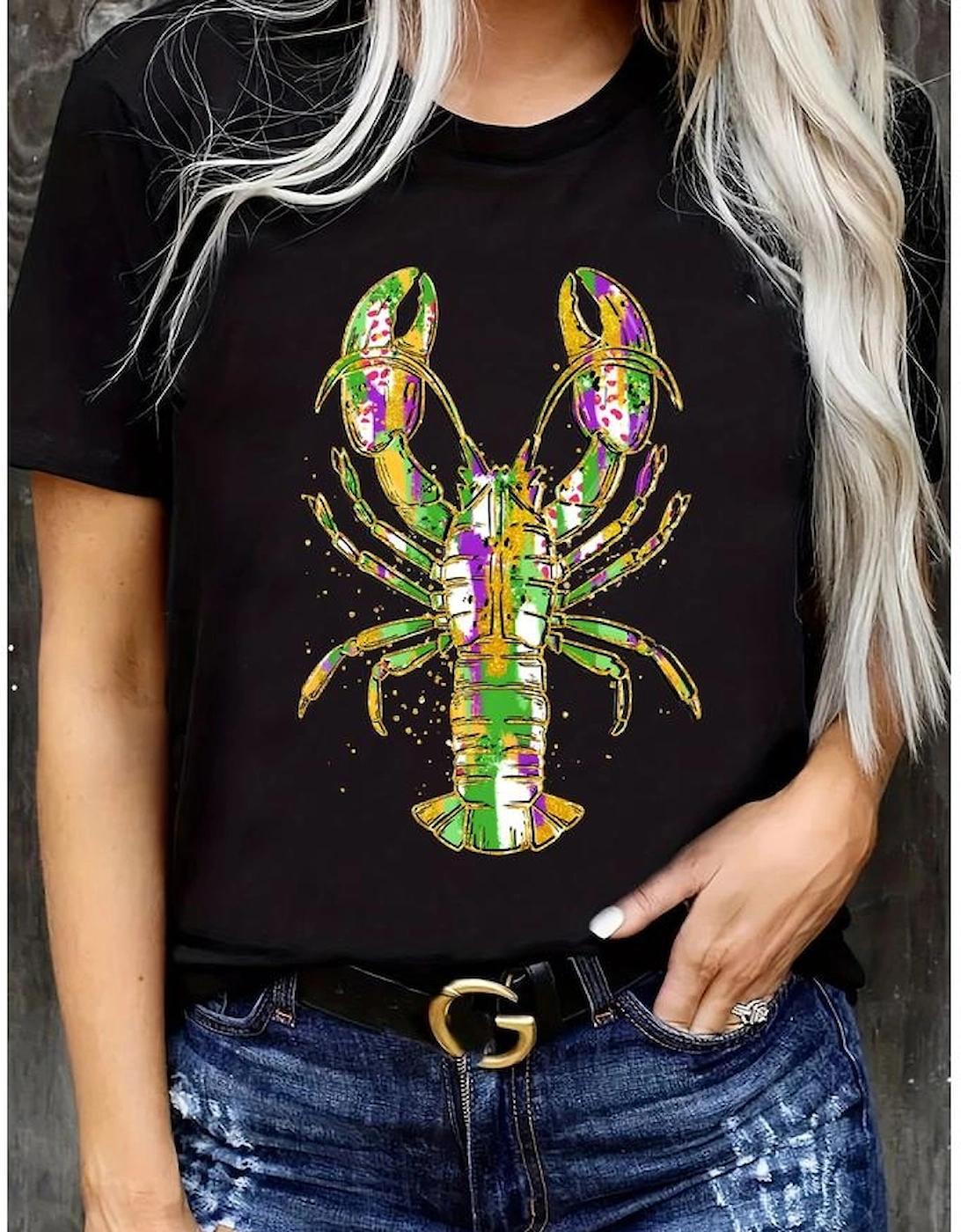 Black Mardi Gras Lobster Heat Transfer Graphic T Shirt, 9 of 8