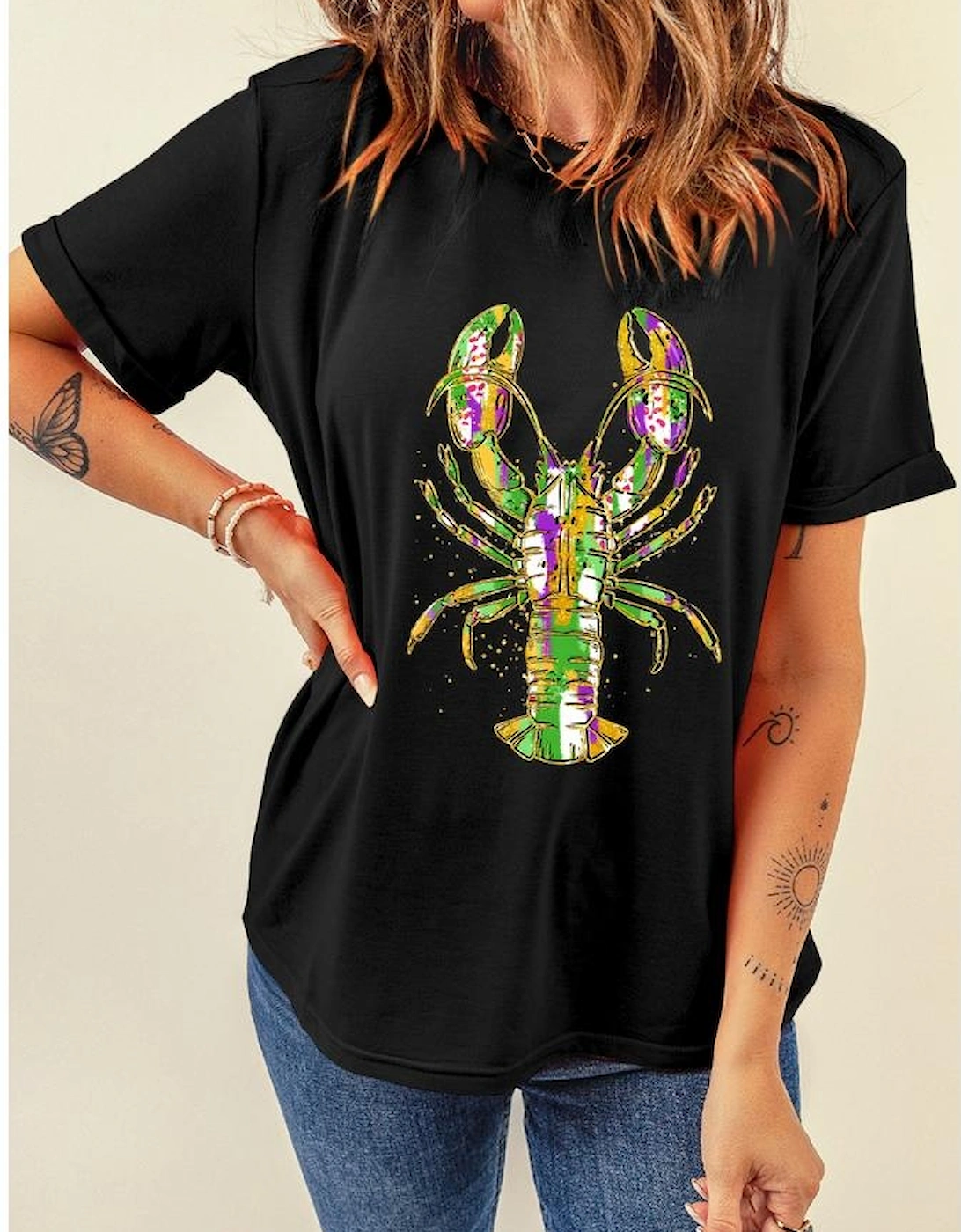 Black Mardi Gras Lobster Heat Transfer Graphic T Shirt