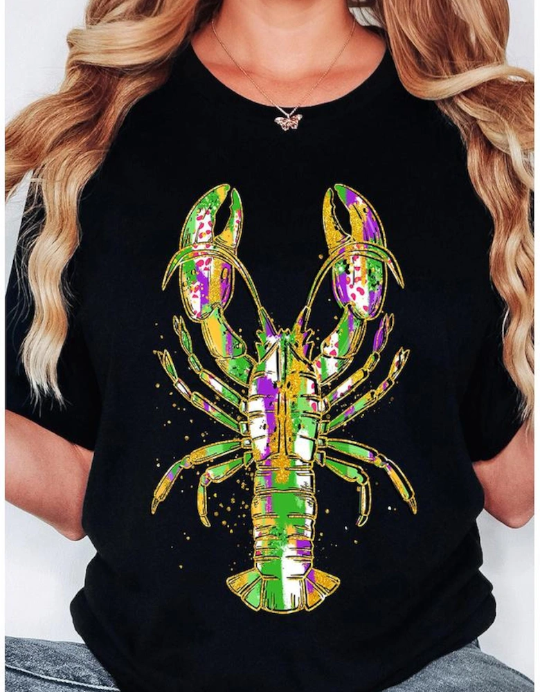 Black Mardi Gras Lobster Heat Transfer Graphic T Shirt