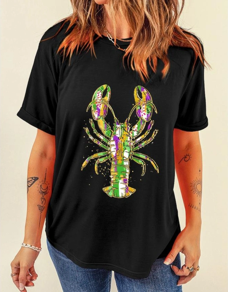 Black Mardi Gras Lobster Heat Transfer Graphic T Shirt