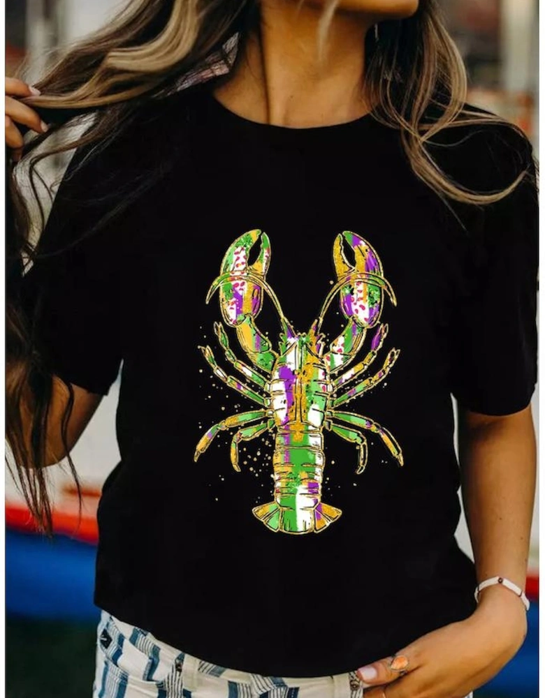 Black Mardi Gras Lobster Heat Transfer Graphic T Shirt