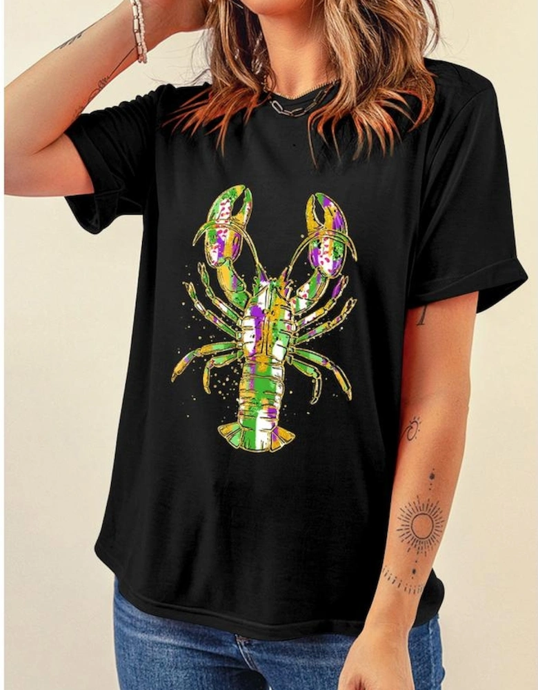 Black Mardi Gras Lobster Heat Transfer Graphic T Shirt