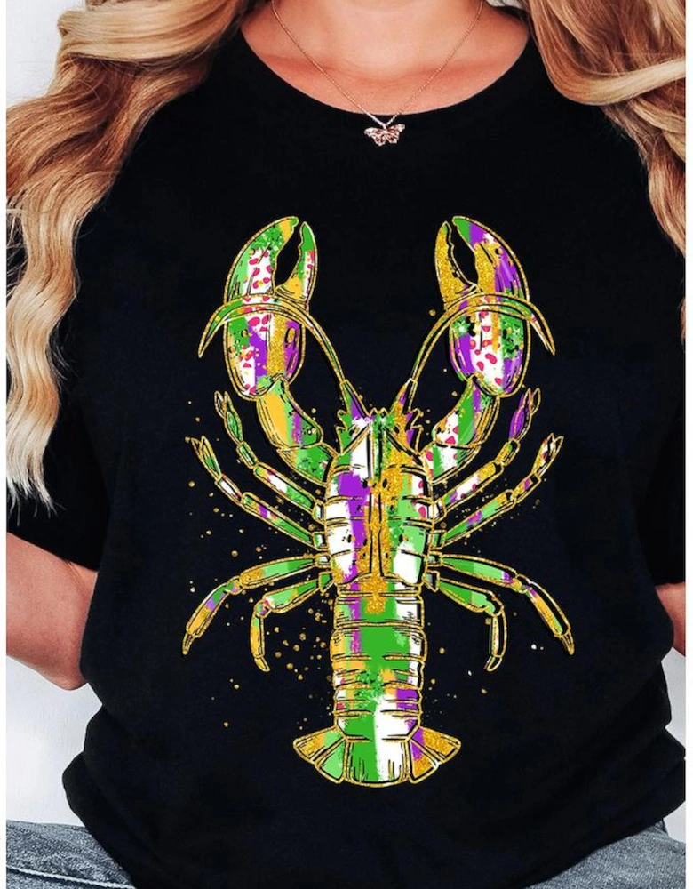 Black Mardi Gras Lobster Heat Transfer Graphic T Shirt