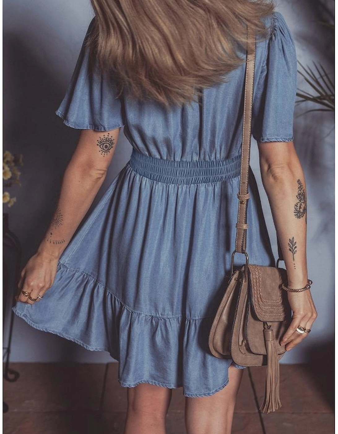 Ashleigh Blue Ruffled V Neck Smocked High Waist Denim Mini Dress